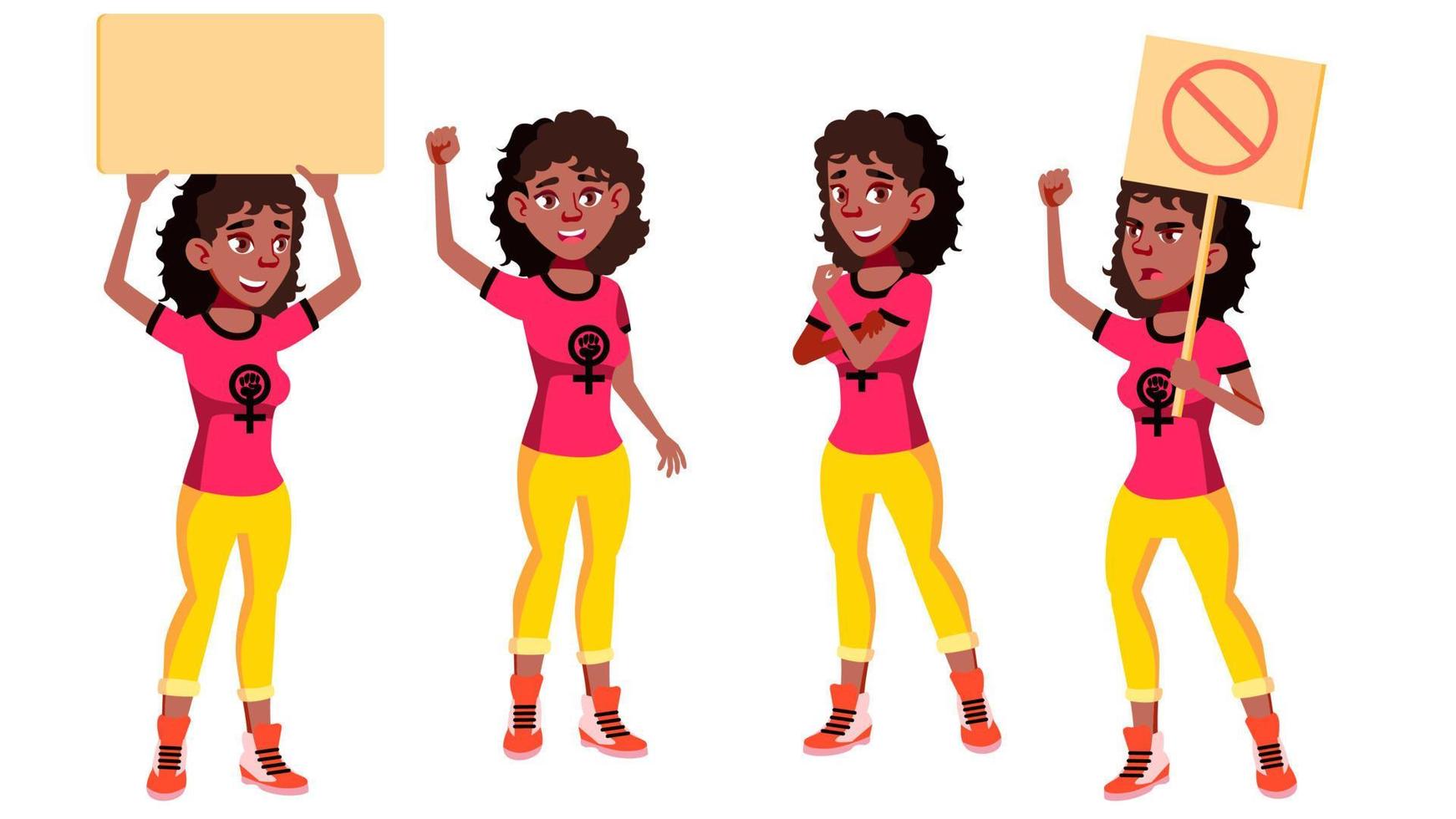 tiener meisje poses reeks vector. zwart. afro Amerikaans. meisje stroom, feminisme. vriendelijk, juichen. openbaar protest. voor banier, folder, brochure ontwerp. geïsoleerd tekenfilm illustratie vector