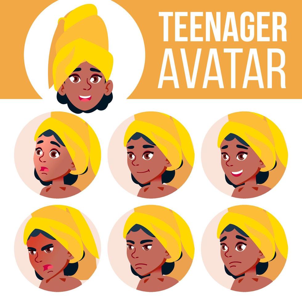 tiener meisje avatar reeks vector. zwart. afro Amerikaans. gezicht emoties. gezichtsbehandeling, mensen. positief. tekenfilm hoofd illustratie vector