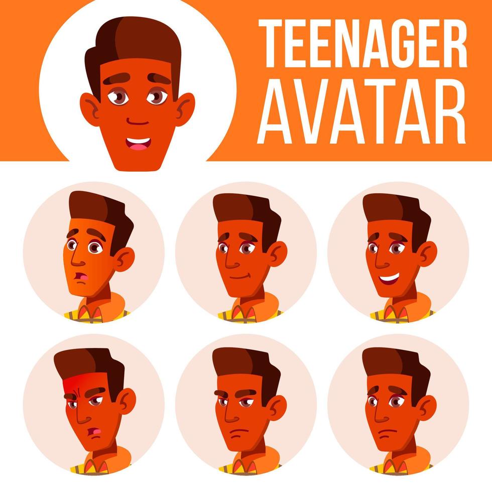 tiener jongen avatar reeks vector. Indisch, Hindoe. aziatisch. gezicht emoties. hoofd, icoon. kinderachtig, geluk genot. tekenfilm hoofd illustratie vector