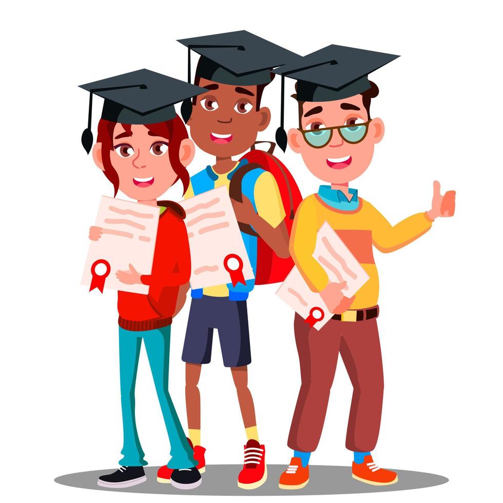 multinational groep van studenten in diploma uitreiking petten en met diploma's in handen vector. geïsoleerd illustratie vector