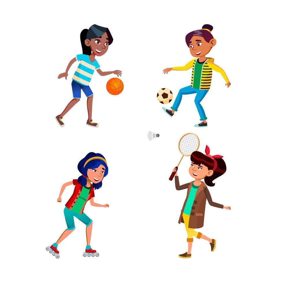school- meisjes spelen sport spel actief reeks vector
