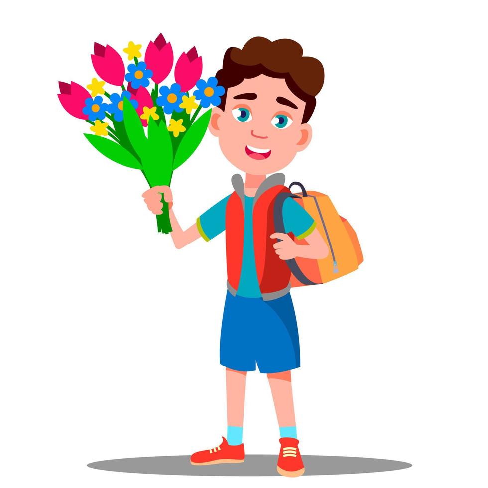 schooljongen met rugzak Aan zijn terug en met bloemen in hand- vector. geïsoleerd illustratie vector