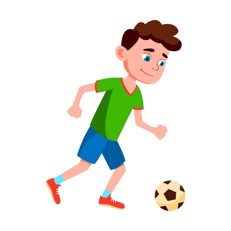 schooljongen kind spelen voetbal Aan stadion vector
