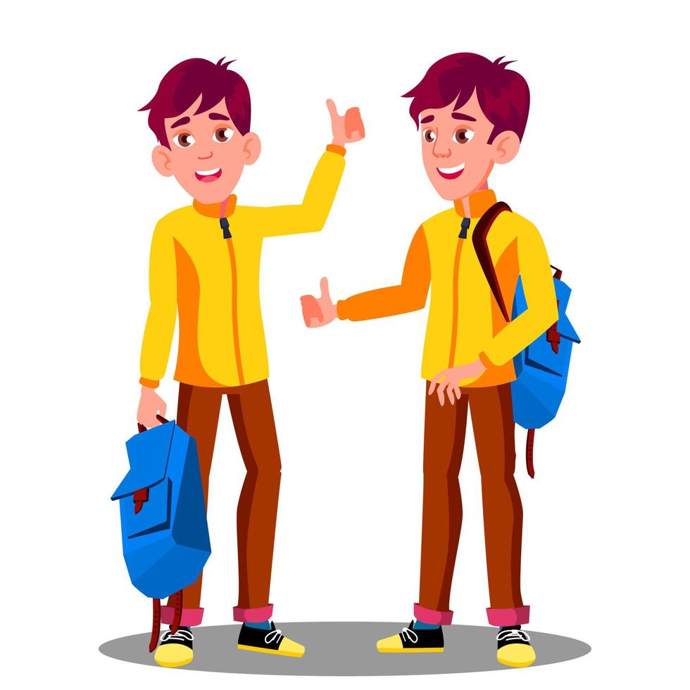 jongen met school- zak Holding duim omhoog vector. geïsoleerd illustratie vector