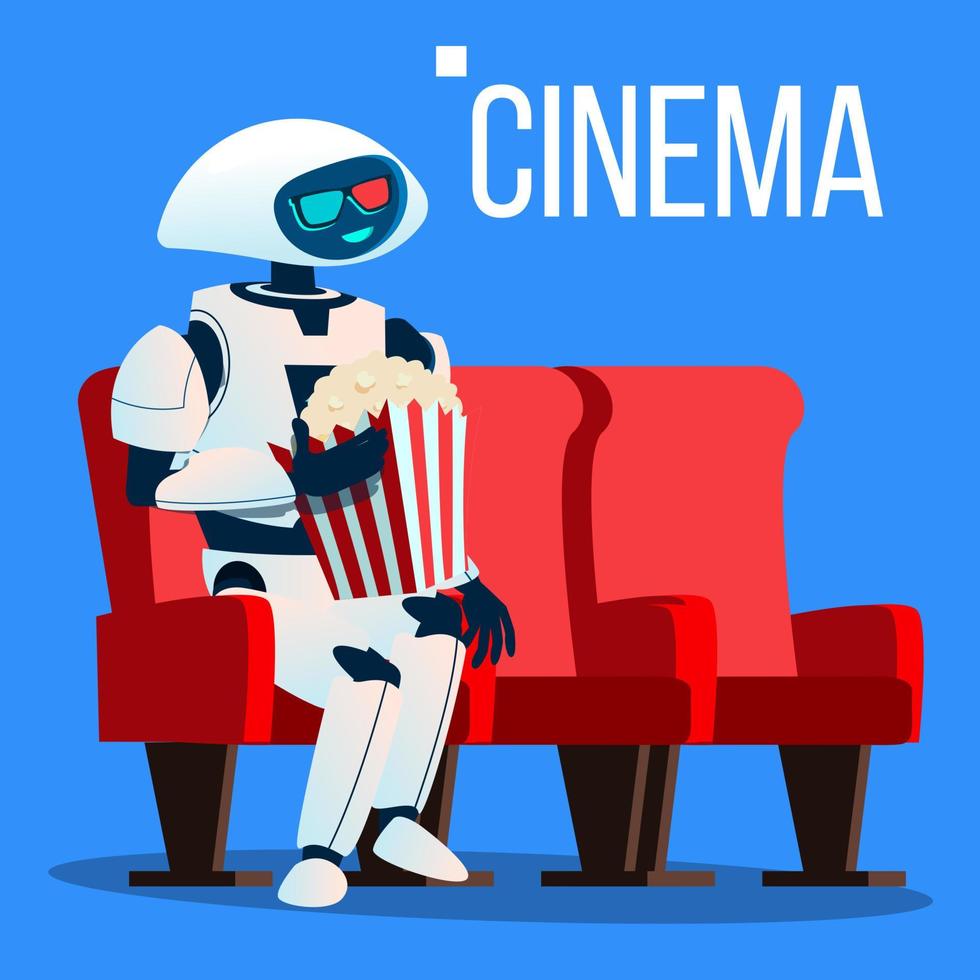 robot zit Aan stoel in bioscoop in 3d bril en houdt popcorn in handen vector. geïsoleerd illustratie vector