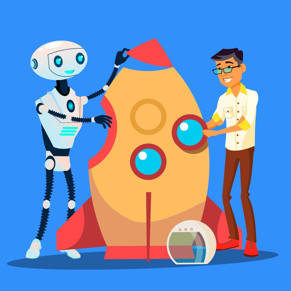 Mens en robot zijn gebouw een raket samen vector. geïsoleerd illustratie vector