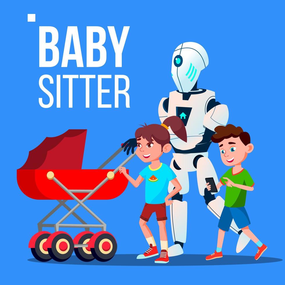 baby oppas robot gaan met baby vervoer vector. geïsoleerd illustratie vector