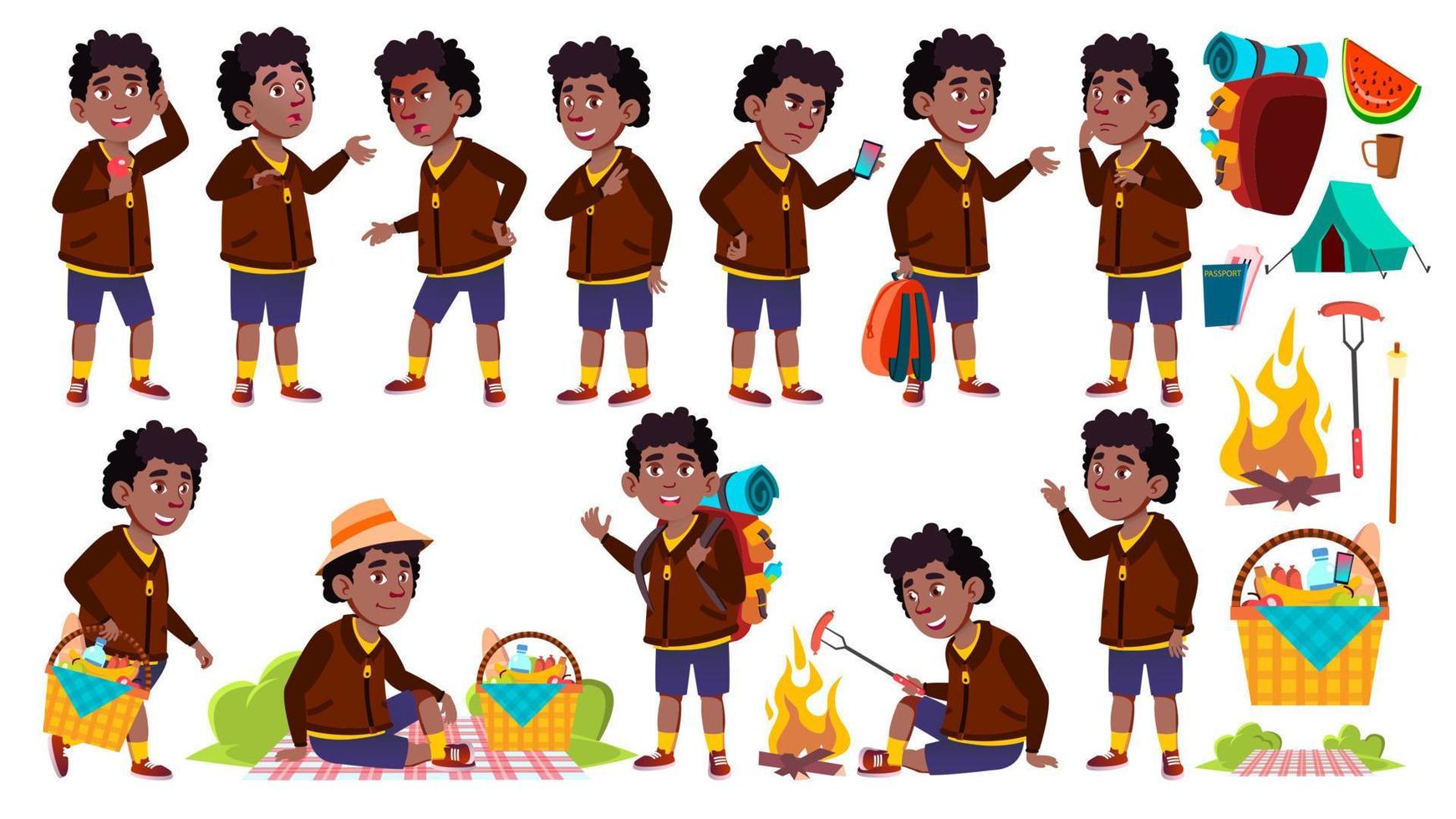 jongen schooljongen kind poses reeks vector. primair school- kind. zwart. afro Amerikaans. picknick, zomer rust uit. wandeltocht. vakantie. houding. voor web, brochure, poster ontwerp. geïsoleerd tekenfilm illustratie vector