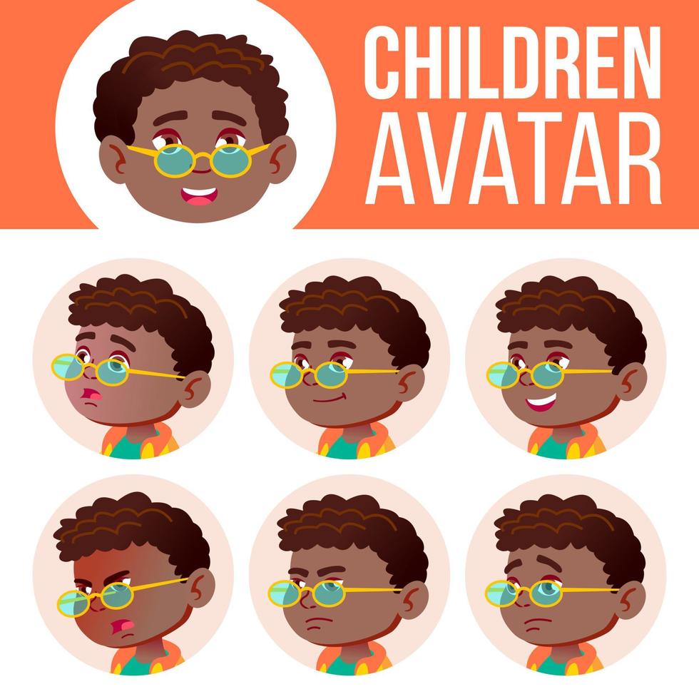 jongen avatar reeks kind vector. zwart. afro Amerikaans. primair school. gezicht emoties. emoties, emotioneel. vriendelijk, huilend. tekenfilm hoofd illustratie vector