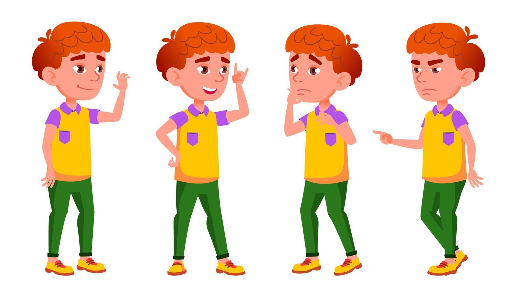 jongen schooljongen kind poses reeks vector. rood hoofd. emoties. voor web, brochure, poster ontwerp. geïsoleerd tekenfilm illustratie vector