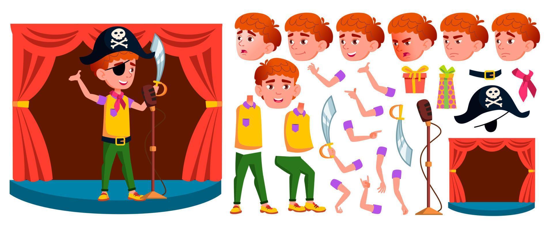 jongen schooljongen kind vector. primair school- kind. animatie creatie set. leerling werkzaamheid. openbaar prestatie. voor ansichtkaart, Aankondiging, Hoes ontwerp. gezicht emoties, gebaren. geanimeerd illustratie vector