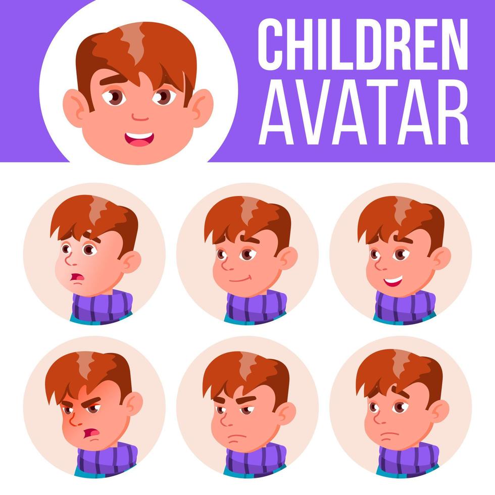 jongen avatar reeks kind vector. primair school. gezicht emoties. kinderen, jong mensen. kinderachtig, geluk genot. tekenfilm illustratie vector