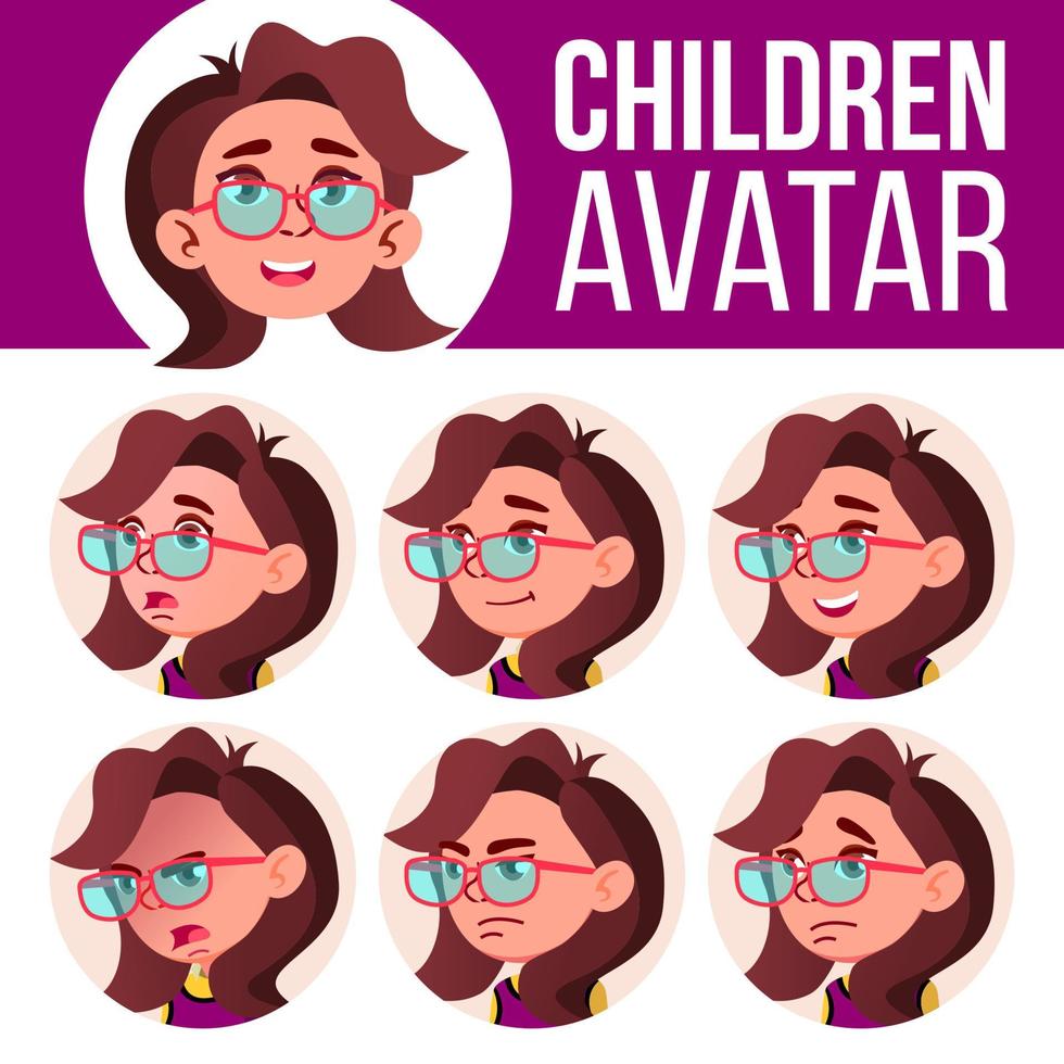 meisje avatar reeks kind vector. primair school. gezicht emoties. emoties, emotioneel. vriendelijk, huilend. tekenfilm hoofd illustratie vector