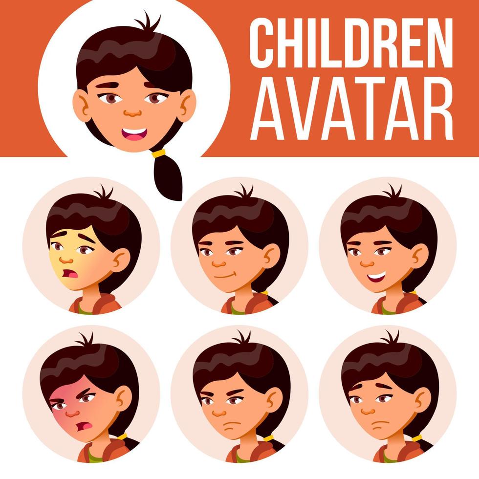 Aziatisch meisje avatar reeks kind vector. primair school. gezicht emoties. uitdrukking, positief persoon. aanplakbiljet, presentatie. tekenfilm hoofd illustratie vector