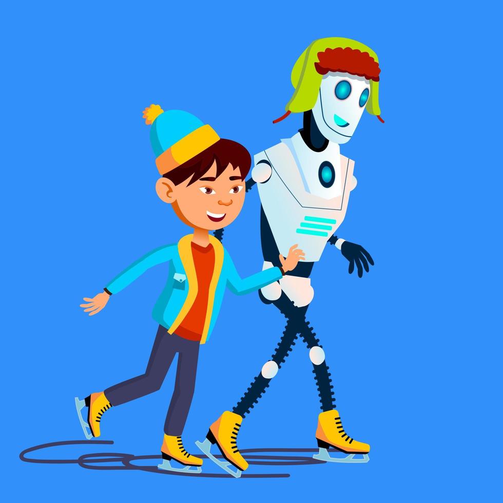 robot skates Aan ijs met kind in winter vector. geïsoleerd illustratie vector