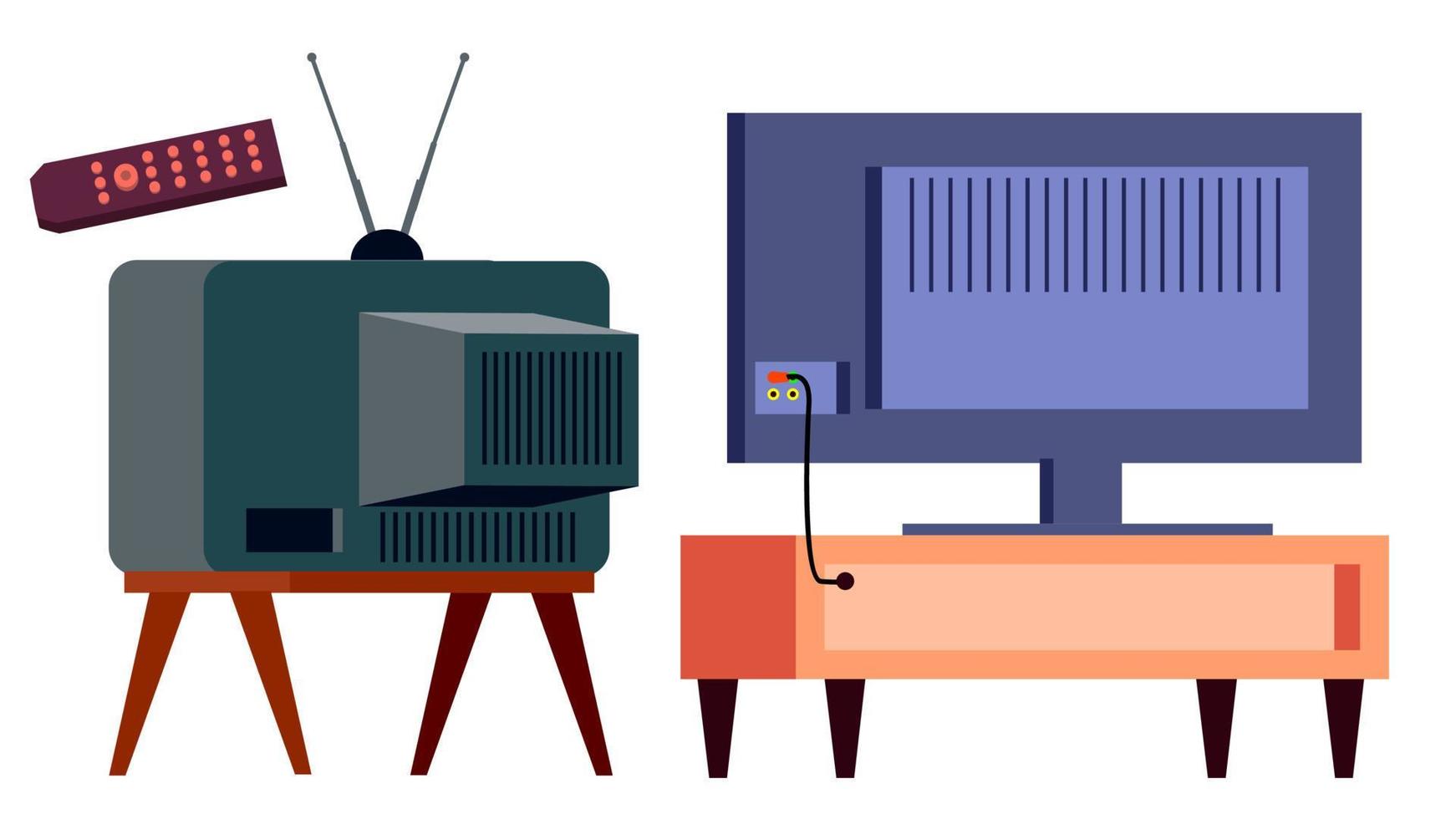 retro TV vs modern hd plasma vector. achterkant. lcd paneel en wijnoogst oud analoog Scherm scherm. geïsoleerd tekenfilm illustratie vector