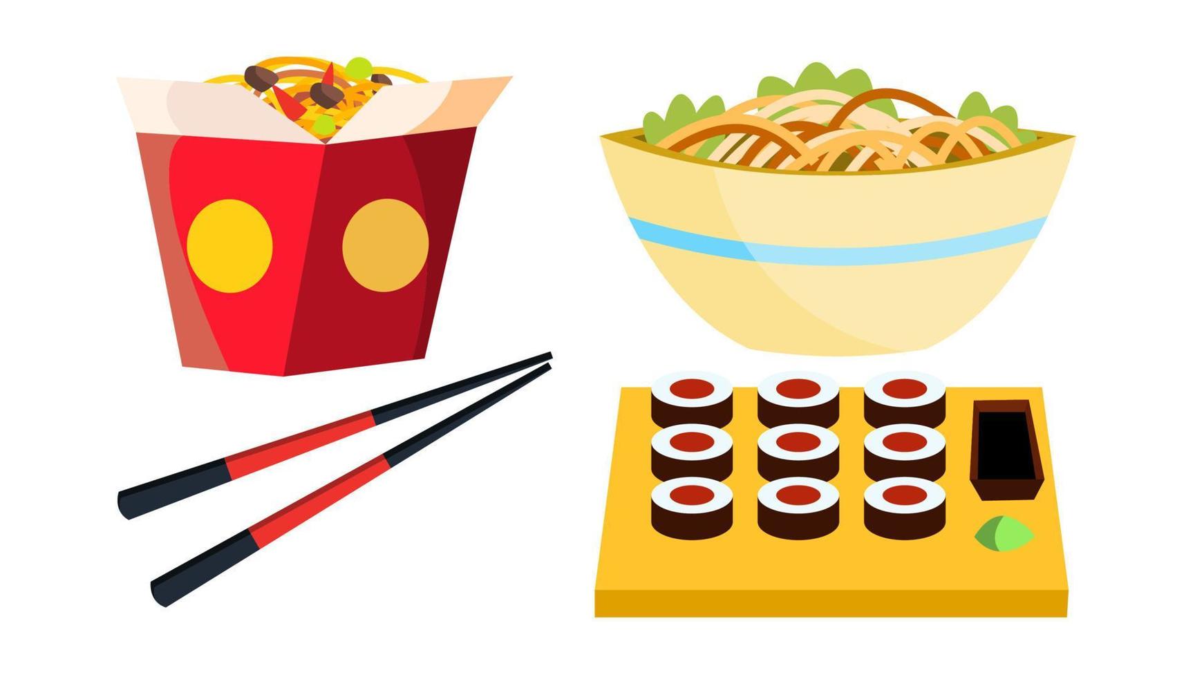 meenemen Chinese voedsel vector. doos noedels. eetstokjes. smakelijk lunch menu. geïsoleerd vlak tekenfilm illustratie vector