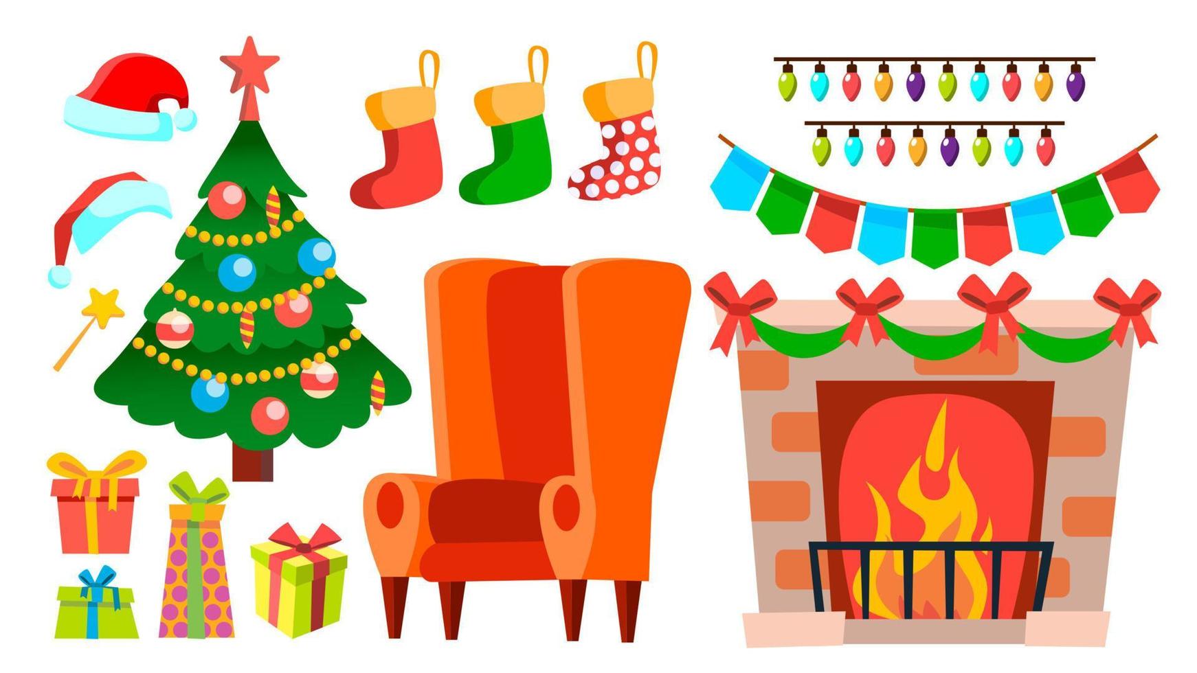 Kerstmis decoratie pictogrammen vector. haard, sok, stoel, Kerstmis boom, geschenken, lichten, hoed. geïsoleerd vlak tekenfilm illustratie vector