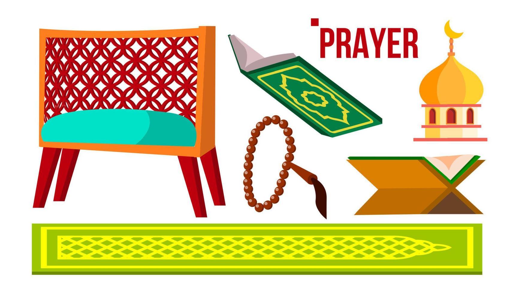 gebed moslim items vector. Koran, rozenkrans, moskee. geïsoleerd vlak tekenfilm illustratie vector