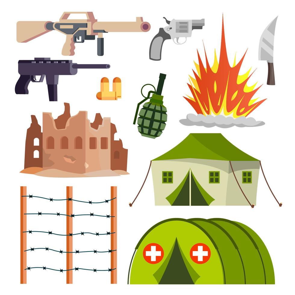 oorlogvoering leger pictogrammen vector. ziekenhuis, bom explosie, wapens, pistool. geïsoleerd vlak tekenfilm illustratie vector