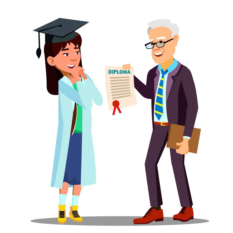 Aziatisch jong meisje leerling dokter ontvangen een diploma vector. geïsoleerd tekenfilm illustratie vector