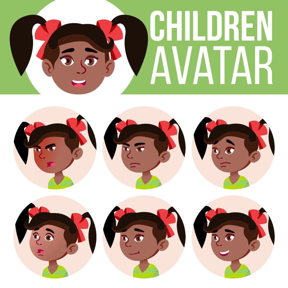 meisje avatar reeks kind vector. kleuterschool. zwart. afro Amerikaans. gezicht emoties. kinderen, jong mensen. actief, vreugde, vrije tijd. ontwerp, brochure. tekenfilm hoofd illustratie vector