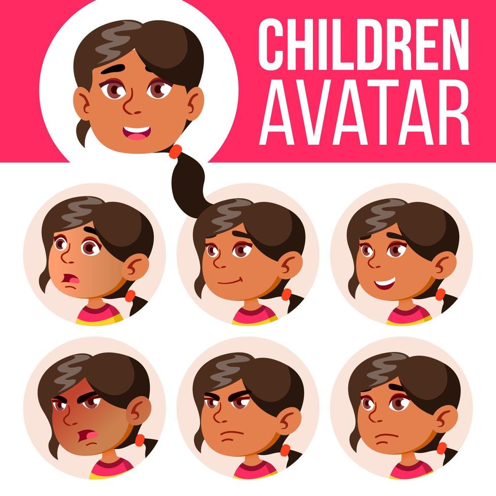 arabisch, moslim meisje avatar reeks kind vector. kleuterschool. gezicht emoties. emotioneel, gezichtsbehandeling, mensen. plezier, vrolijk. advertentie, groet. tekenfilm hoofd illustratie vector