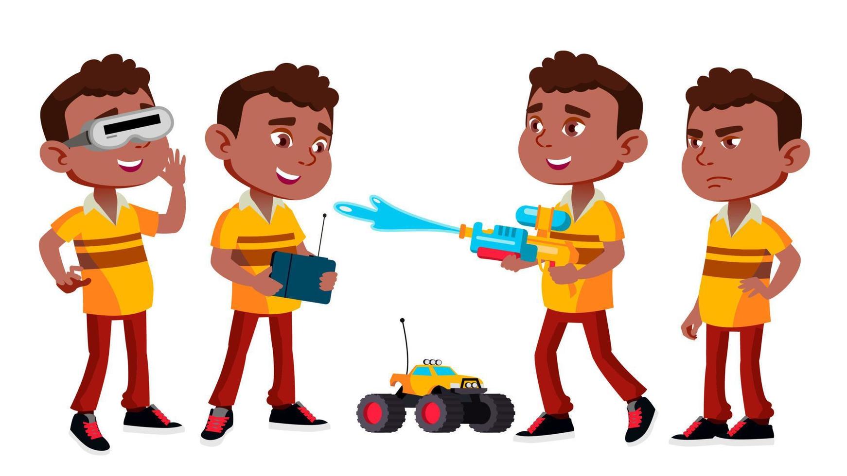 zwart, afro Amerikaans jongen kleuterschool kind poses reeks vector. speels positief klein baby. water pistool. voor presentatie, afdrukken, uitnodiging ontwerp. geïsoleerd tekenfilm illustratie vector