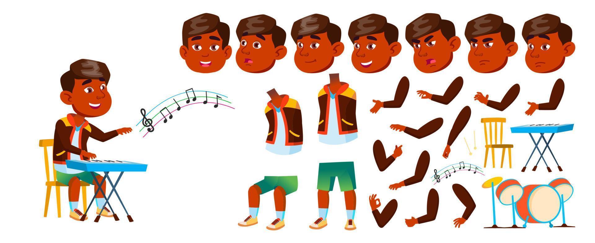 Indisch jongen jongen kleuterschool kind vector. animatie creatie set. gezicht emoties, gebaren. kind. trommels, prestatie, show, artiest. Aankondiging, Hoes ontwerp. geanimeerd. tekenfilm illustratie vector