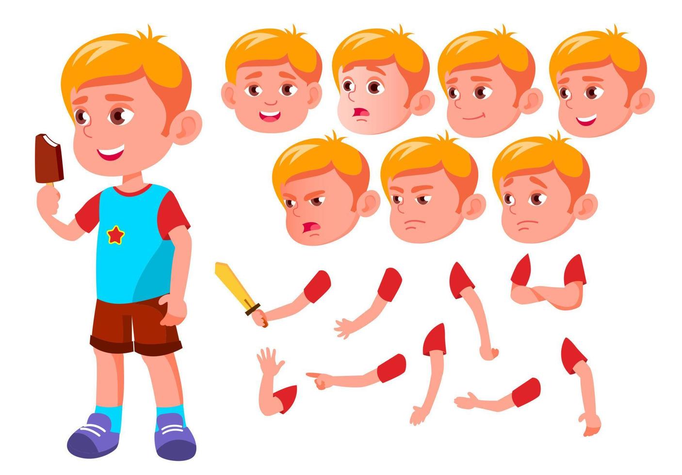 jongen, kind, kind, tiener vector. vrije tijd. leerzaam, studie. gezicht emoties, divers gebaren. animatie creatie set. geïsoleerd vlak tekenfilm karakter illustratie vector