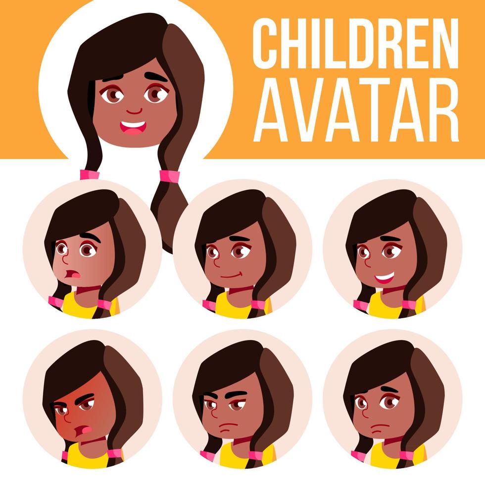 meisje avatar reeks kind vector. zwart. afro Amerikaans. kleuterschool. gezicht emoties. peuter, baby, uitdrukking. geboorte, leven, emotioneel. afdrukken, uitnodiging. tekenfilm hoofd illustratie vector