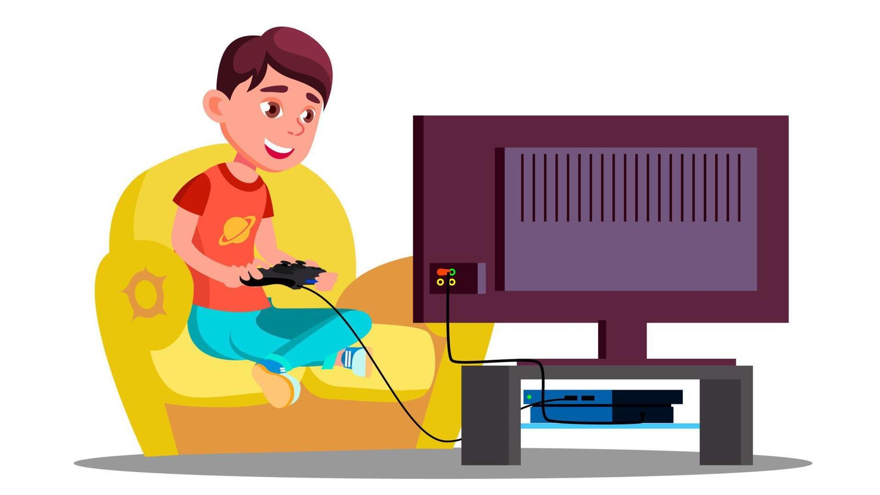 weinig jongen spelen video spellen Aan de bankstel vector. geïsoleerd illustratie vector