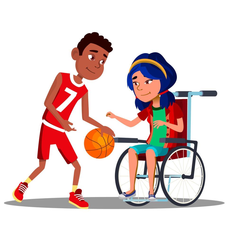Aziatisch meisje in rolstoel met afro Amerikaans jongen spelen basketbal samen vector. geïsoleerd illustratie vector