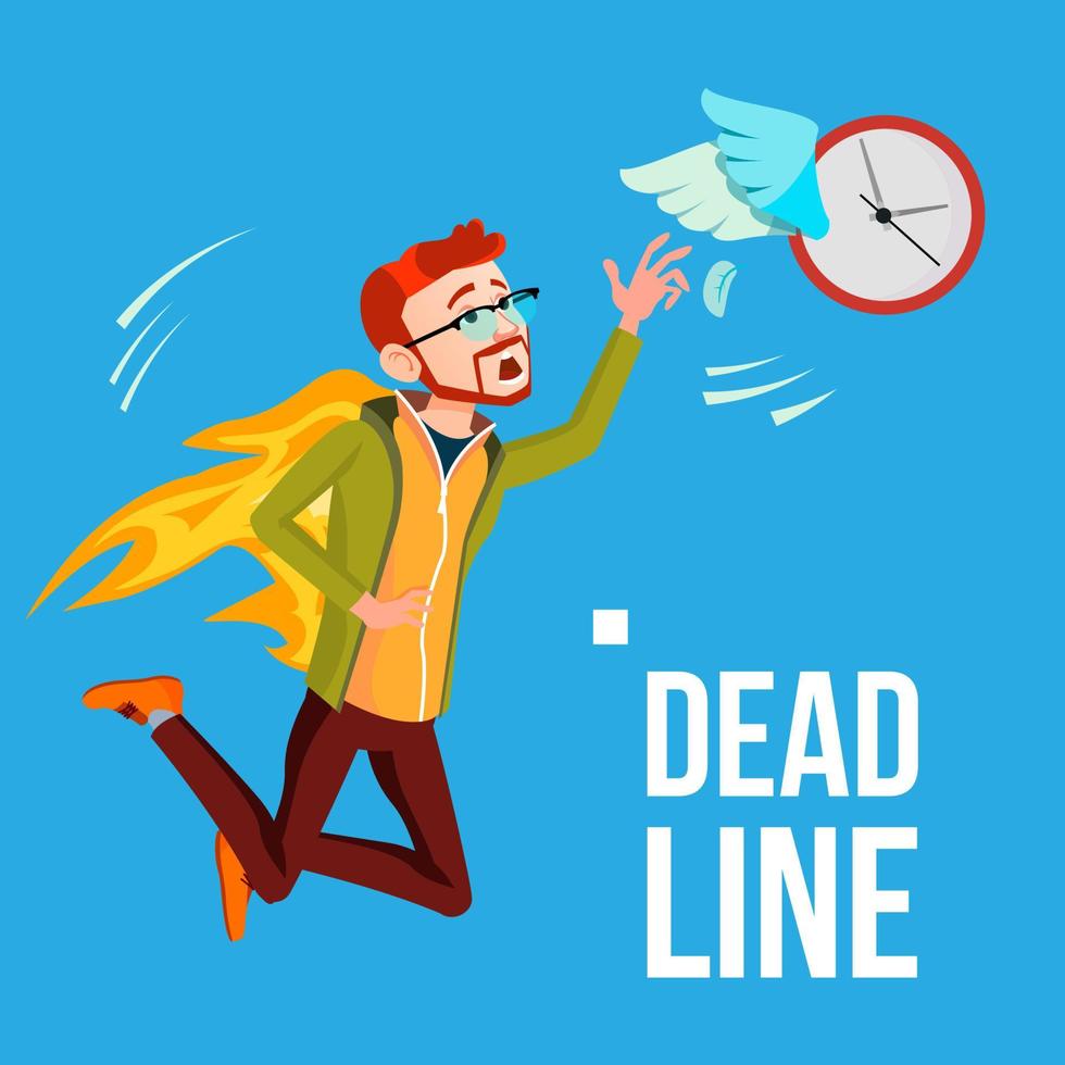 deadline vector. zakenman in brand vangen door handen vliegend klok met Vleugels. illustratie vector