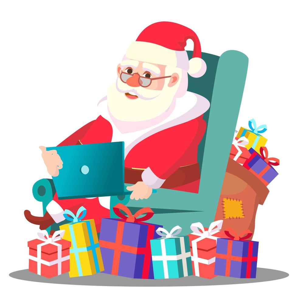 de kerstman claus Aan de stoel met laptop vector. illustratie vector