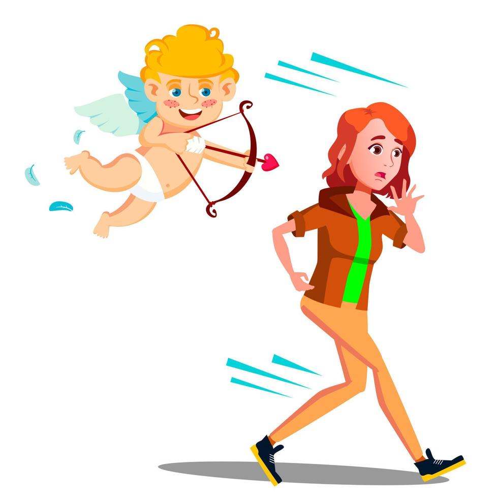 bang tiener meisje rennen van Valentijn s dag Cupido vector. illustratie vector