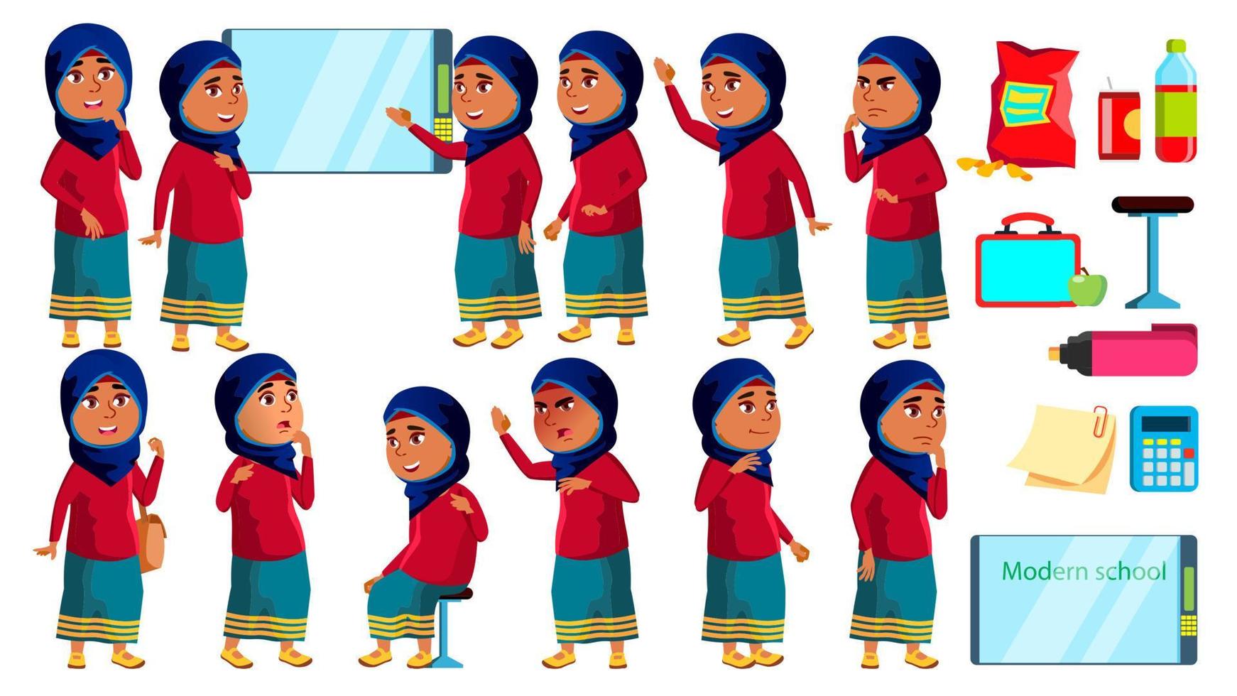 arabisch, moslim meisje kind poses reeks vector. hoog school- kind. schoolkind. grappig, vriendschap, geluk genot. voor banier, folder, web ontwerp. geïsoleerd tekenfilm illustratie vector