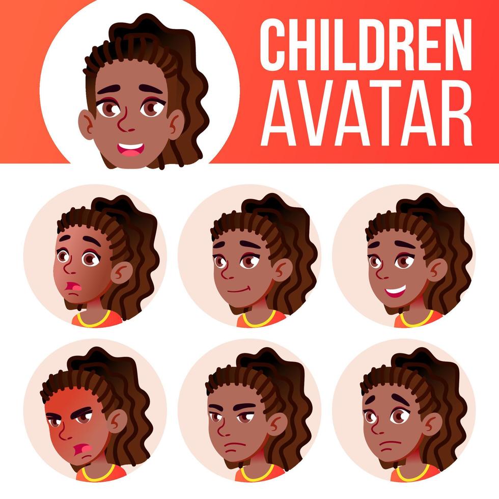 meisje avatar reeks kind vector. zwart. afro Amerikaans. hoog school. gezicht emoties. gezichtsbehandeling, mensen. actief, vreugde. tekenfilm hoofd illustratie vector