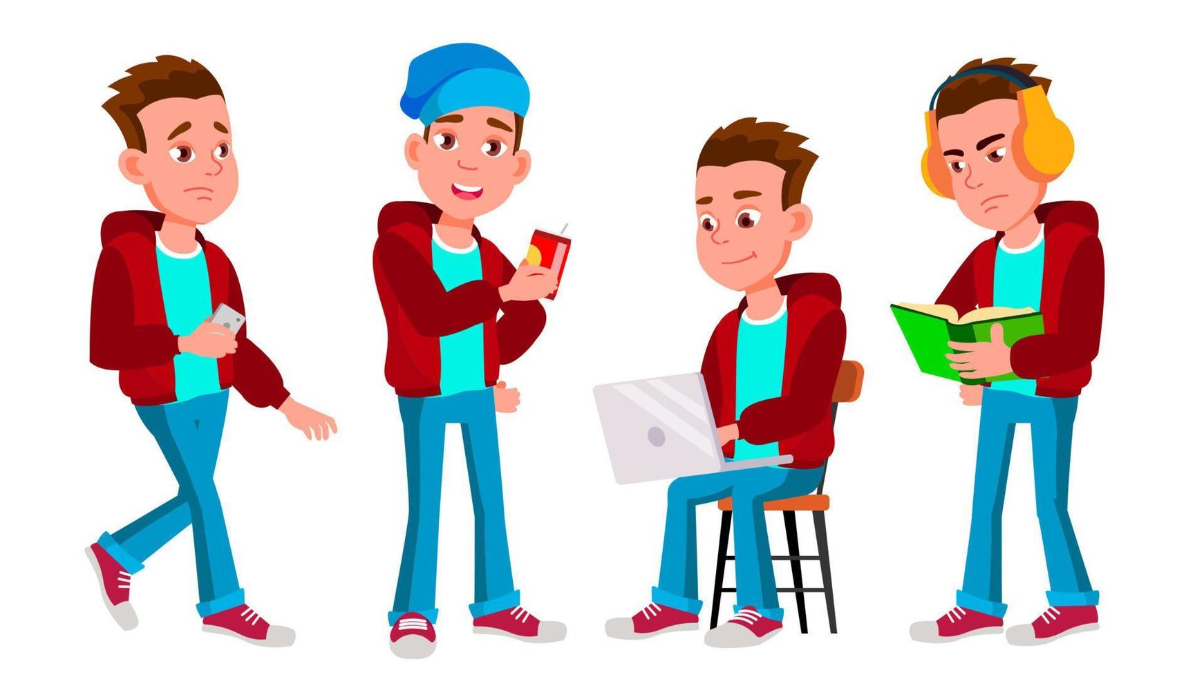 jongen schooljongen kind poses reeks vector. hoog school- kind. kind leerling. onderwerp, slim, aan het studeren. voor ansichtkaart, Aankondiging, Hoes ontwerp. geïsoleerd tekenfilm illustratie vector