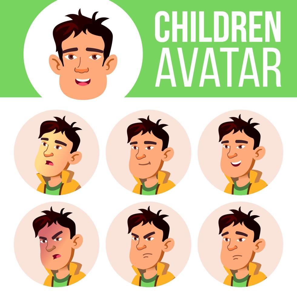 Aziatisch jongen avatar reeks kind vector. hoog school. gezicht emoties. vlak, portret. jeugd, Kaukasisch. tekenfilm hoofd illustratie vector