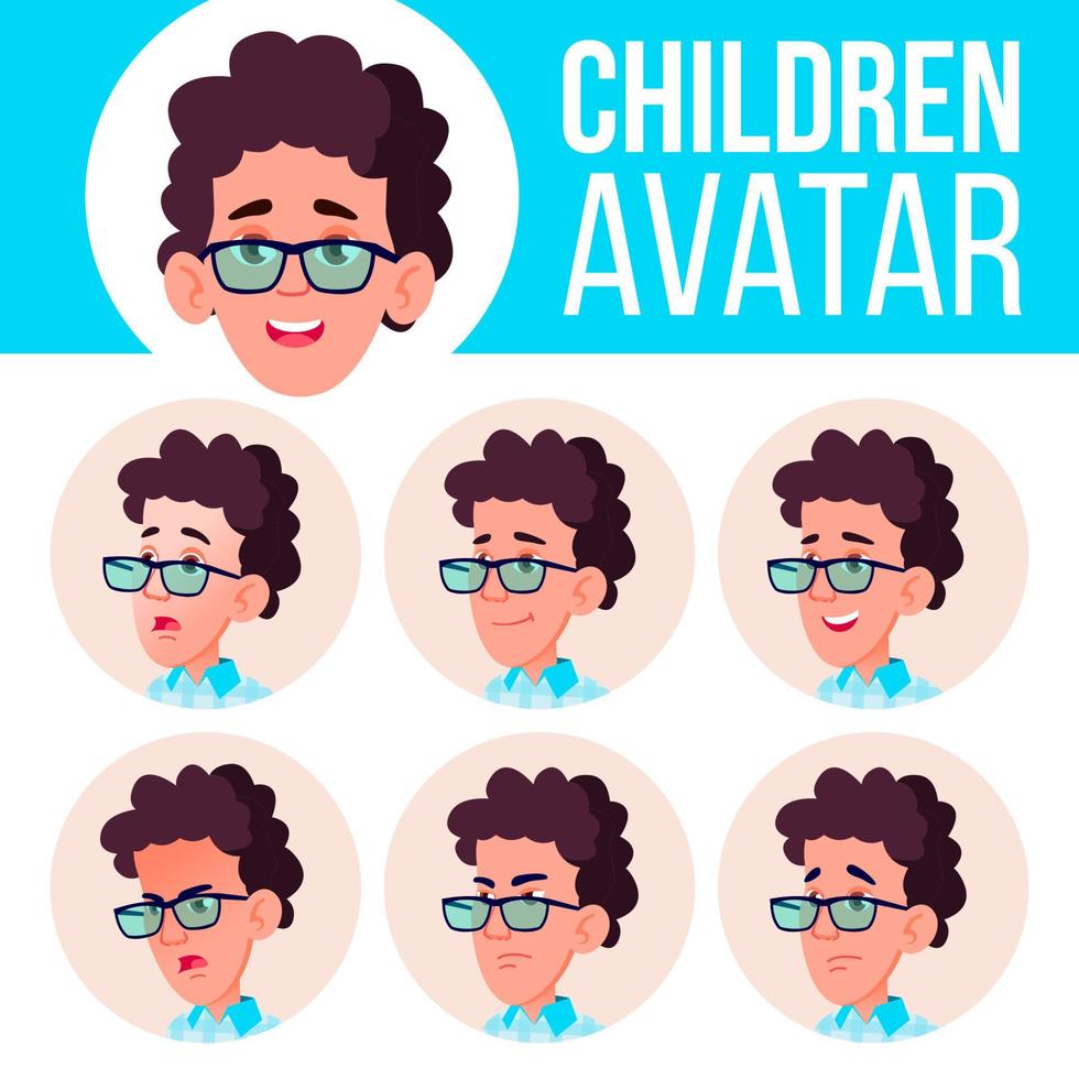 jongen avatar reeks kind vector. hoog school. gezicht emoties. kinderen. mooi, grappig. tekenfilm hoofd illustratie vector