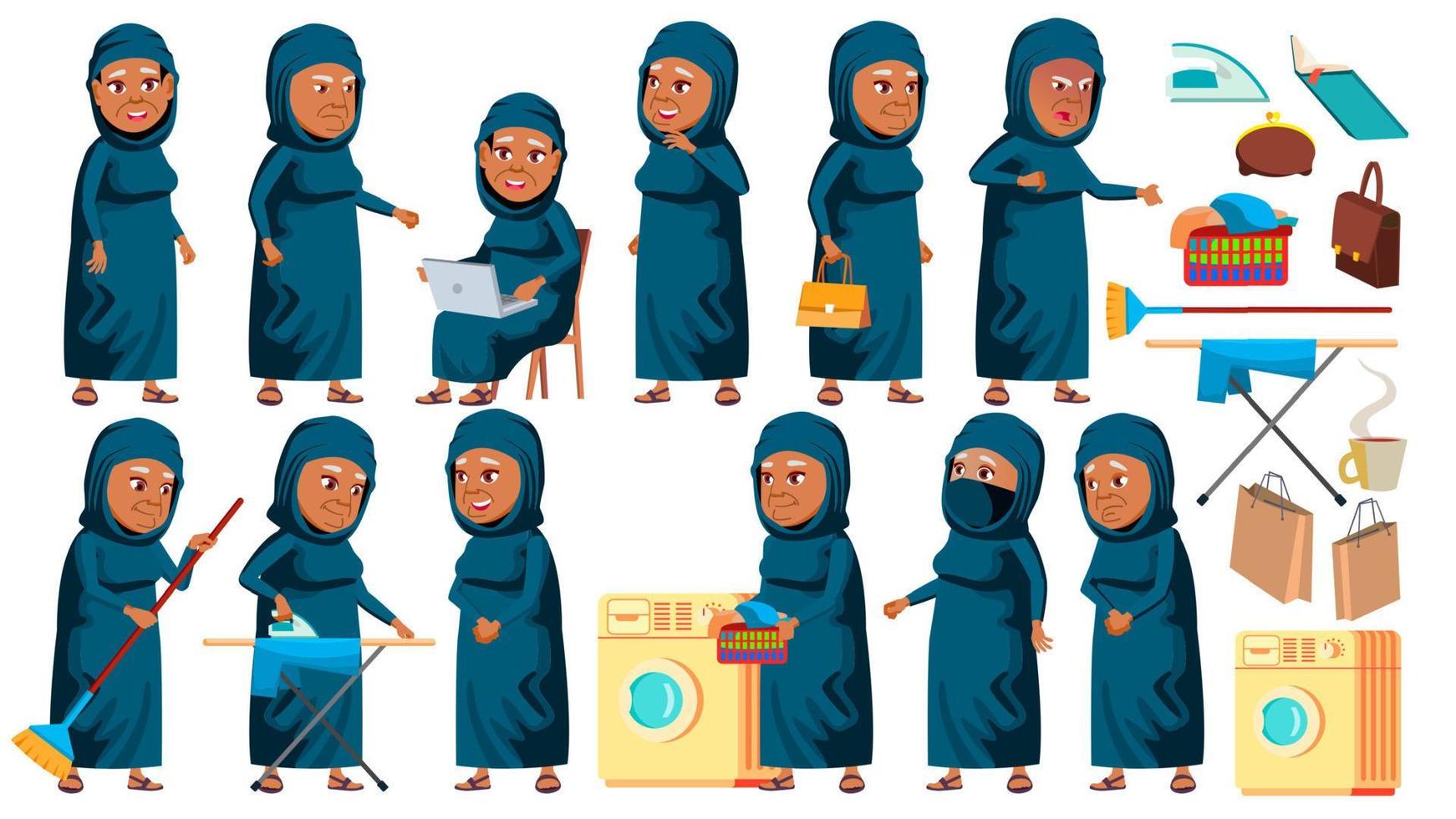 arabisch, moslim oud vrouw poses reeks vector. ouderen mensen. senior persoon. oud. positief gepensioneerde. web, brochure, poster ontwerp. geïsoleerd tekenfilm illustratie vector