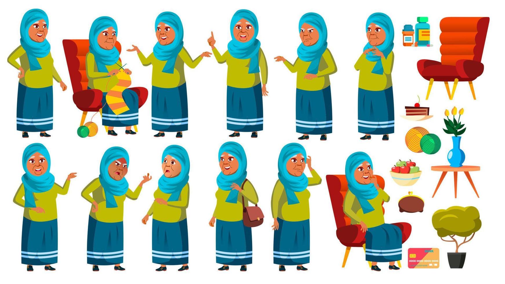 arabisch, moslim oud vrouw poses reeks vector. ouderen mensen. senior persoon. oud. schattig gepensioneerde. werkzaamheid. advertentie, groet, Aankondiging ontwerp. geïsoleerd tekenfilm illustratie vector