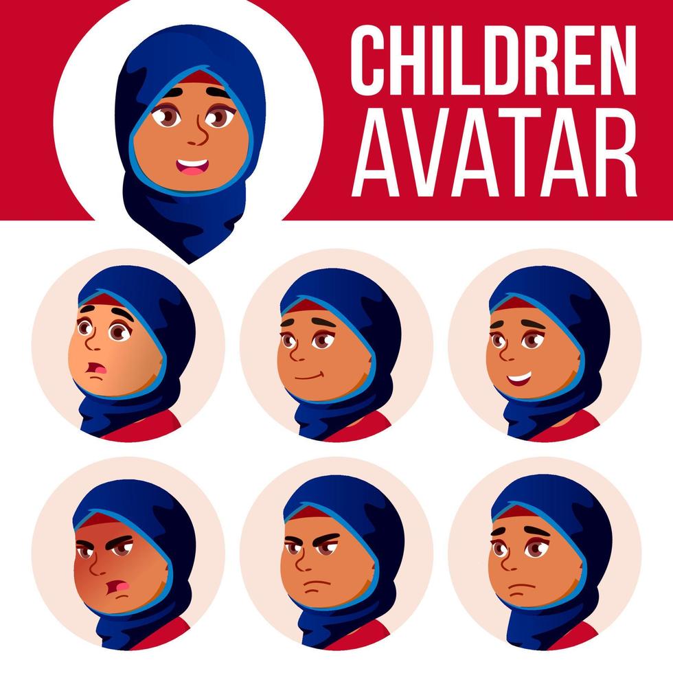 arabisch, moslim meisje avatar reeks kind vector. hoog school. gezicht emoties. gezichtsbehandeling, mensen. kinderen, positief. tekenfilm hoofd illustratie vector