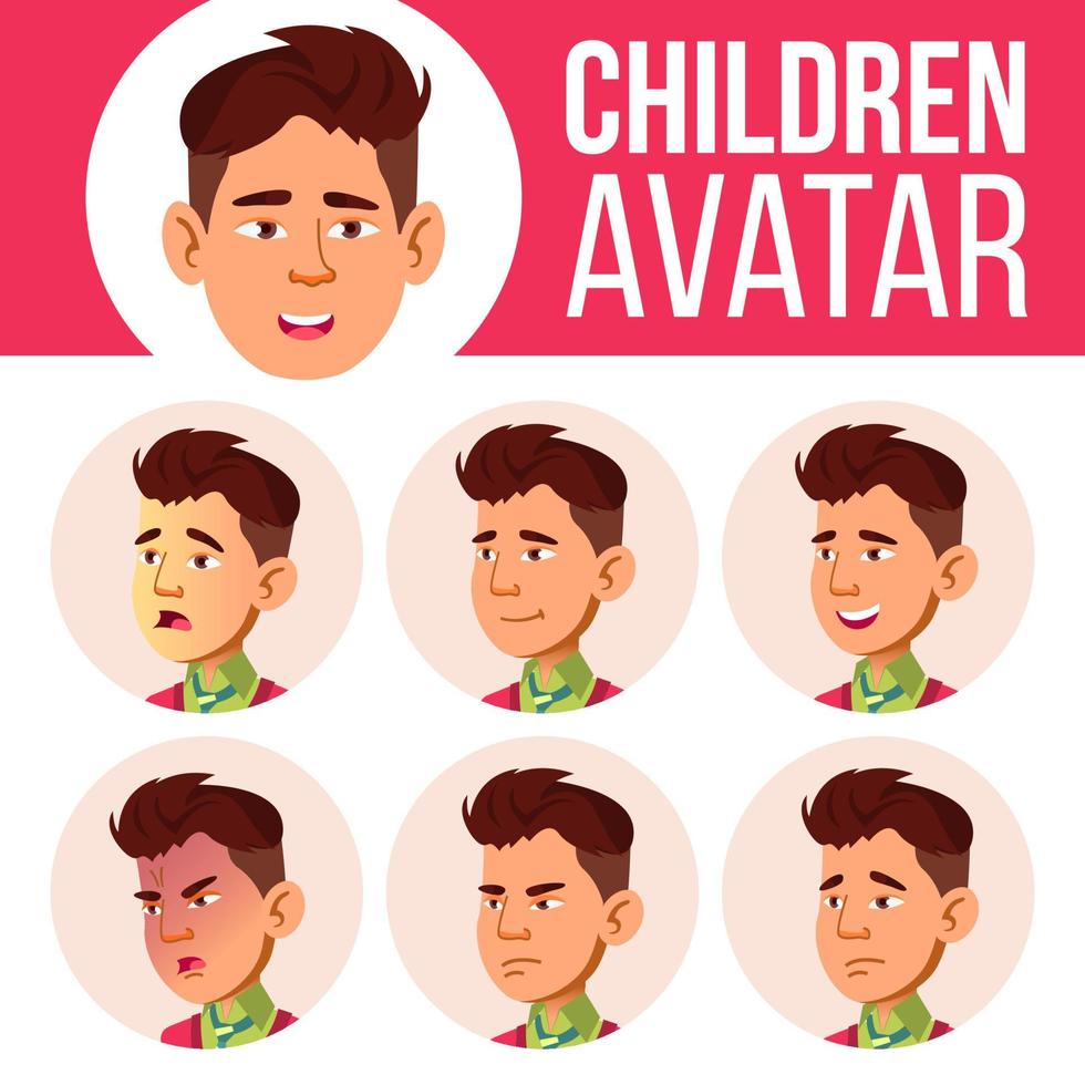 Aziatisch jongen avatar reeks kind vector. hoog school. gezicht emoties. kinderen, jong mensen. leven, emotioneel. tekenfilm hoofd illustratie vector