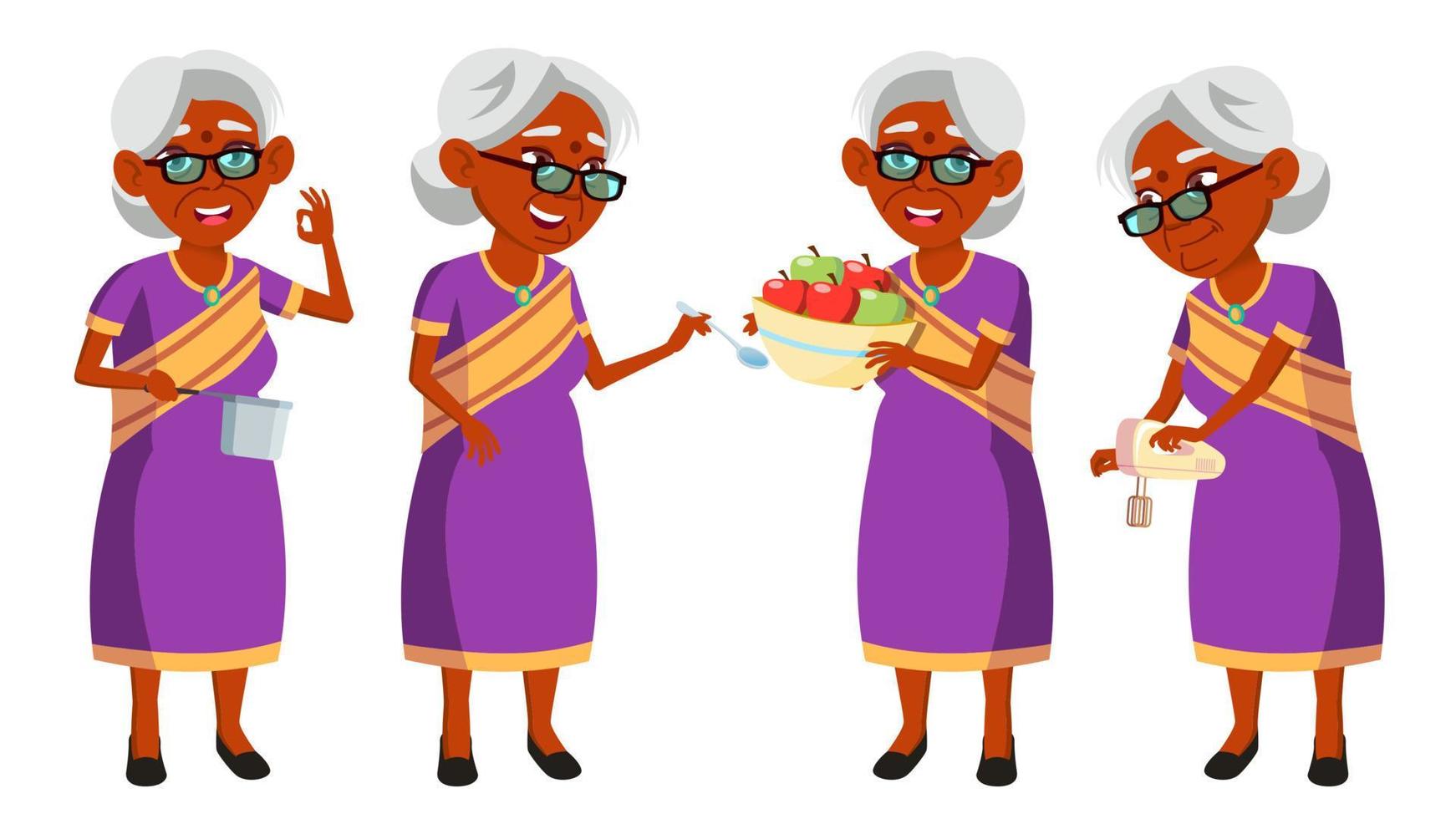 Indisch oud vrouw in sari vector. ouderen mensen. Hindoe. aziatisch. senior persoon. oud. werkzaamheid. advertentie, groet, Aankondiging ontwerp. geïsoleerd tekenfilm illustratie vector