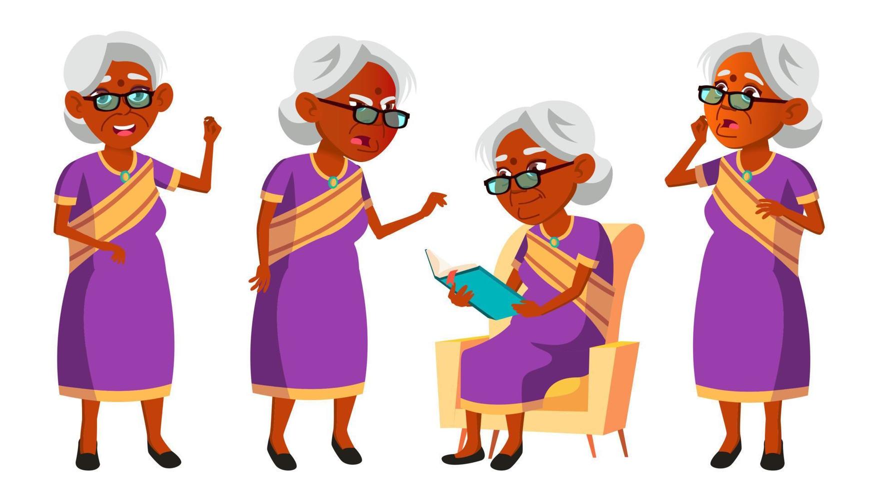 Indisch oud vrouw in sari vector. ouderen mensen. Hindoe. aziatisch. senior persoon. oud. grappig gepensioneerde. levensstijl. ansichtkaart, omslag, aanplakbiljet ontwerp. geïsoleerd tekenfilm illustratie vector