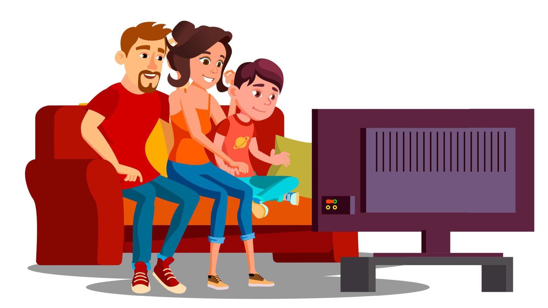 familie uitgeven tijd samen Aan de sofa in voorkant van TV vector. geïsoleerd illustratie vector