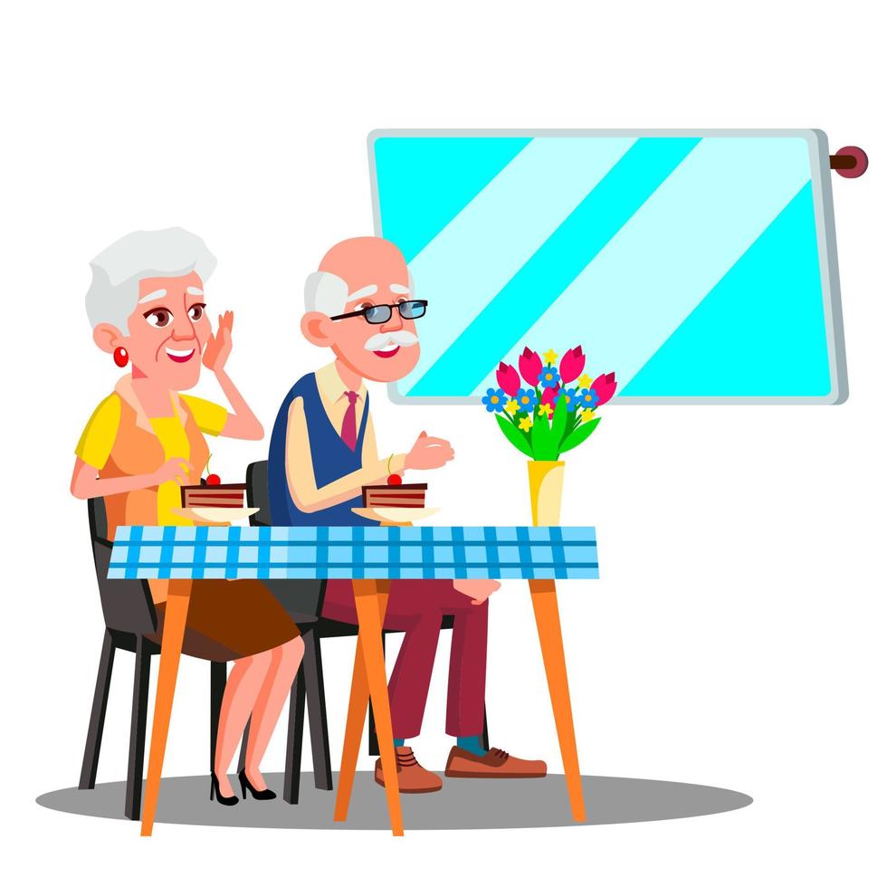 gelukkig ouderen paar zittend in cafe en aan het kijken in digitaal scherm vector. geïsoleerd illustratie vector