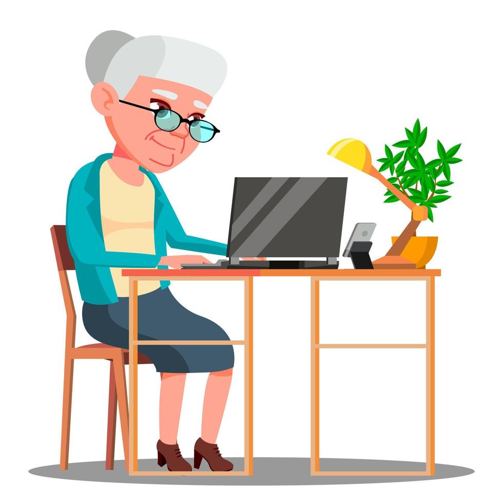 ouderen vrouw zittend Bij tafel en werken met laptop vector. geïsoleerd illustratie vector